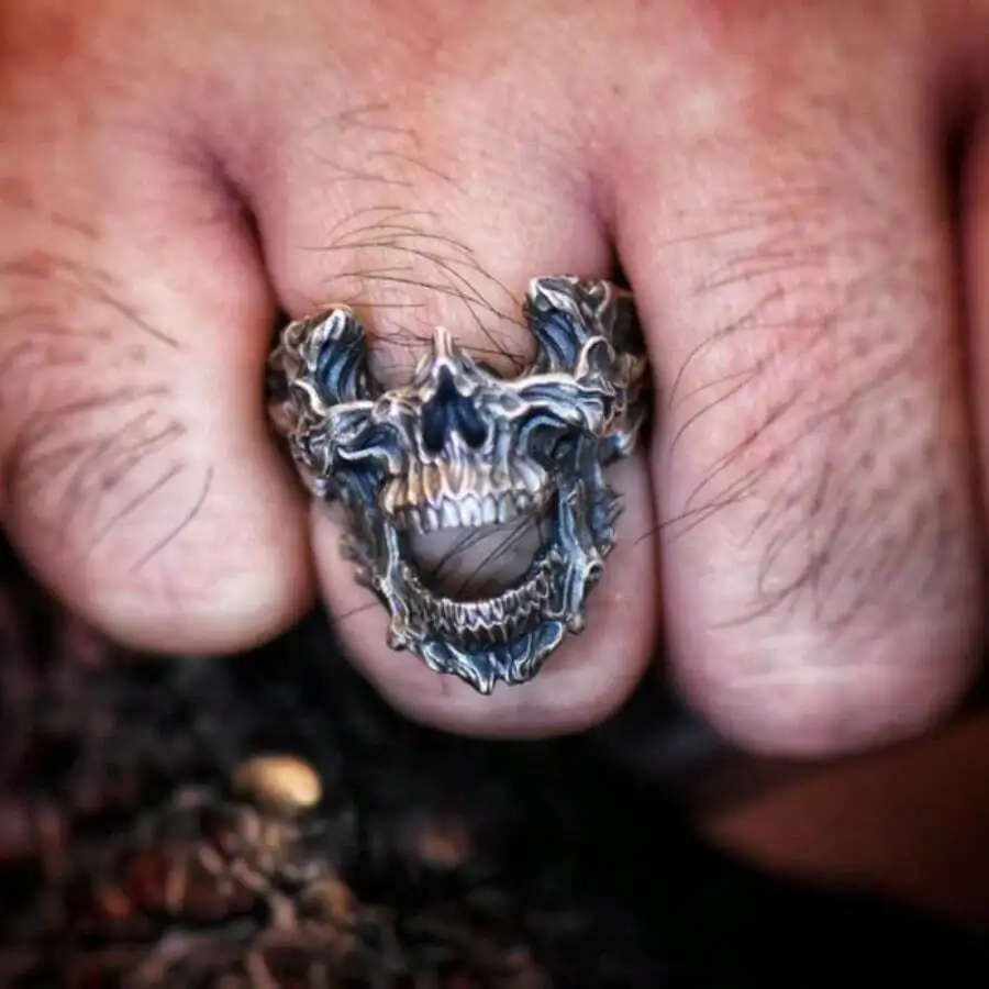 Vintage Gothic Death Skull Mask Ring Irregular Mouth Opening Demon Index Finger Ring Adjustable Opening Ring view 3