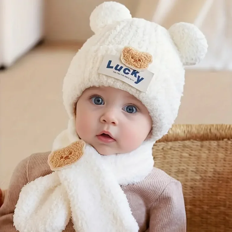 2pcs Baby Hat, Thickened Warm Cute Cartoon Children's Set with Scarf for Autumn and Winter Outdoor Skiing Suitable for 3-24 M