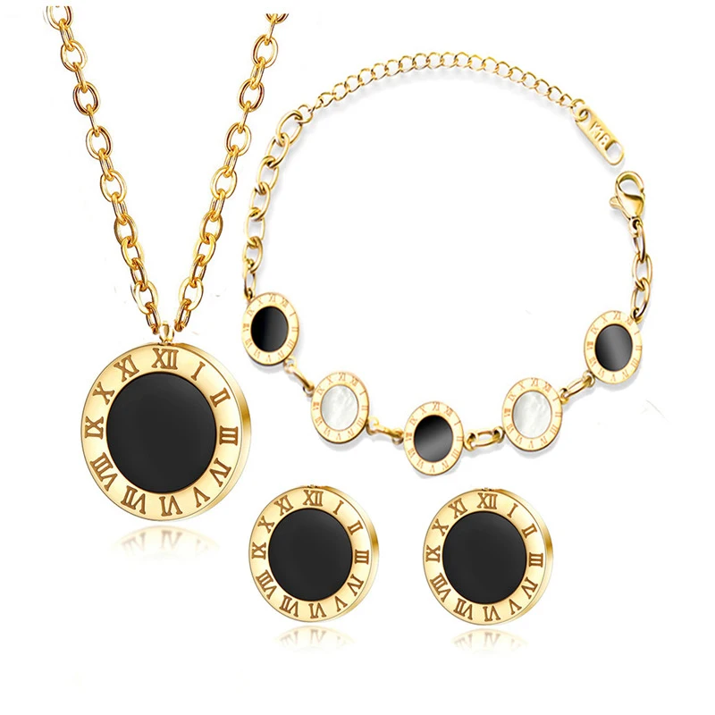 316L Stainless Steel Black Enamel Roman Numerals Jewelry Set For Women Necklace Trend Fashion New Gril Gift