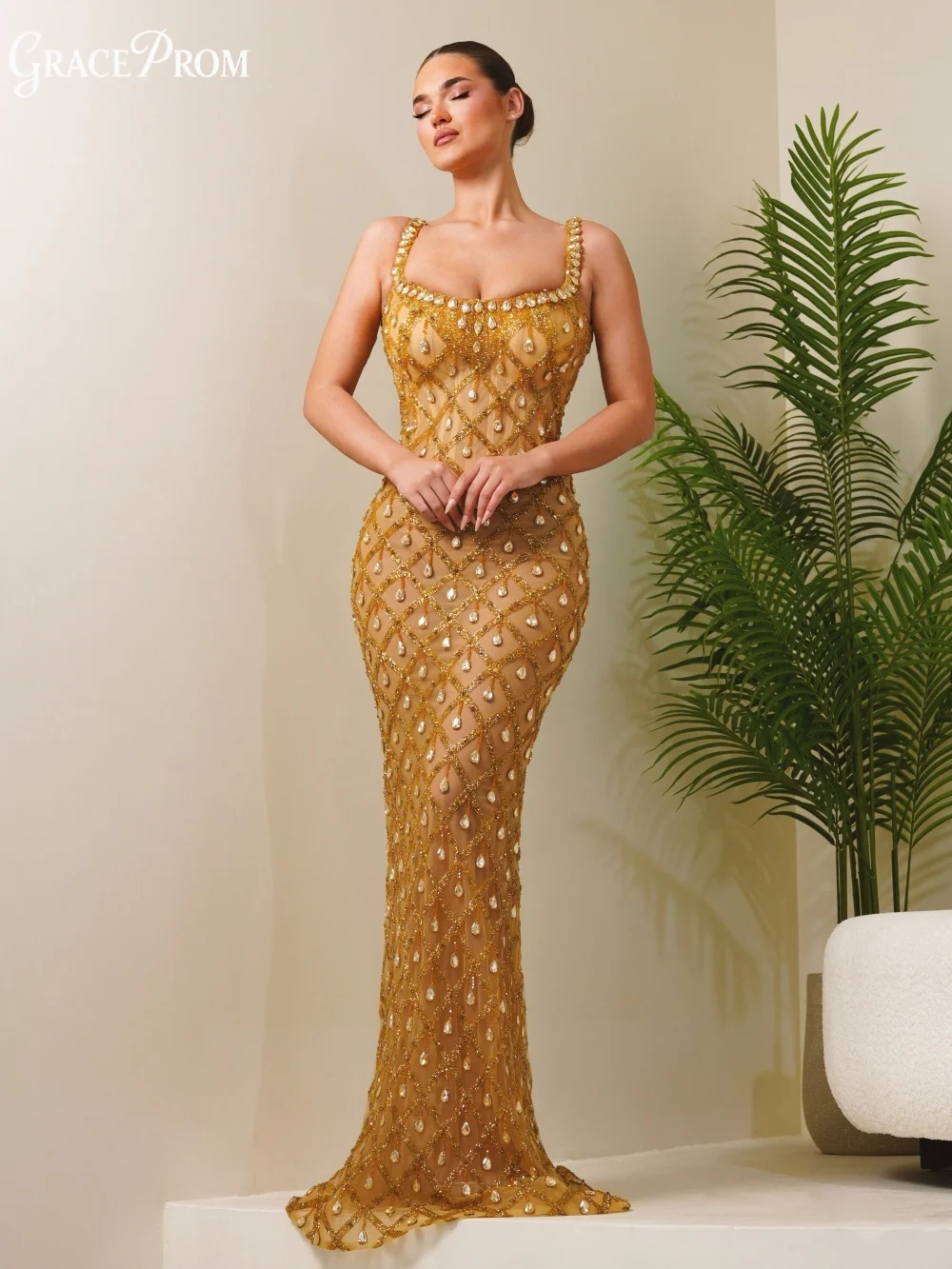 

Vibrant Gold Square Neck Evening Gown Diamond Pattern Beading and Teardrop Crystals Party Dress for Wedding Guests فساتين سهرة