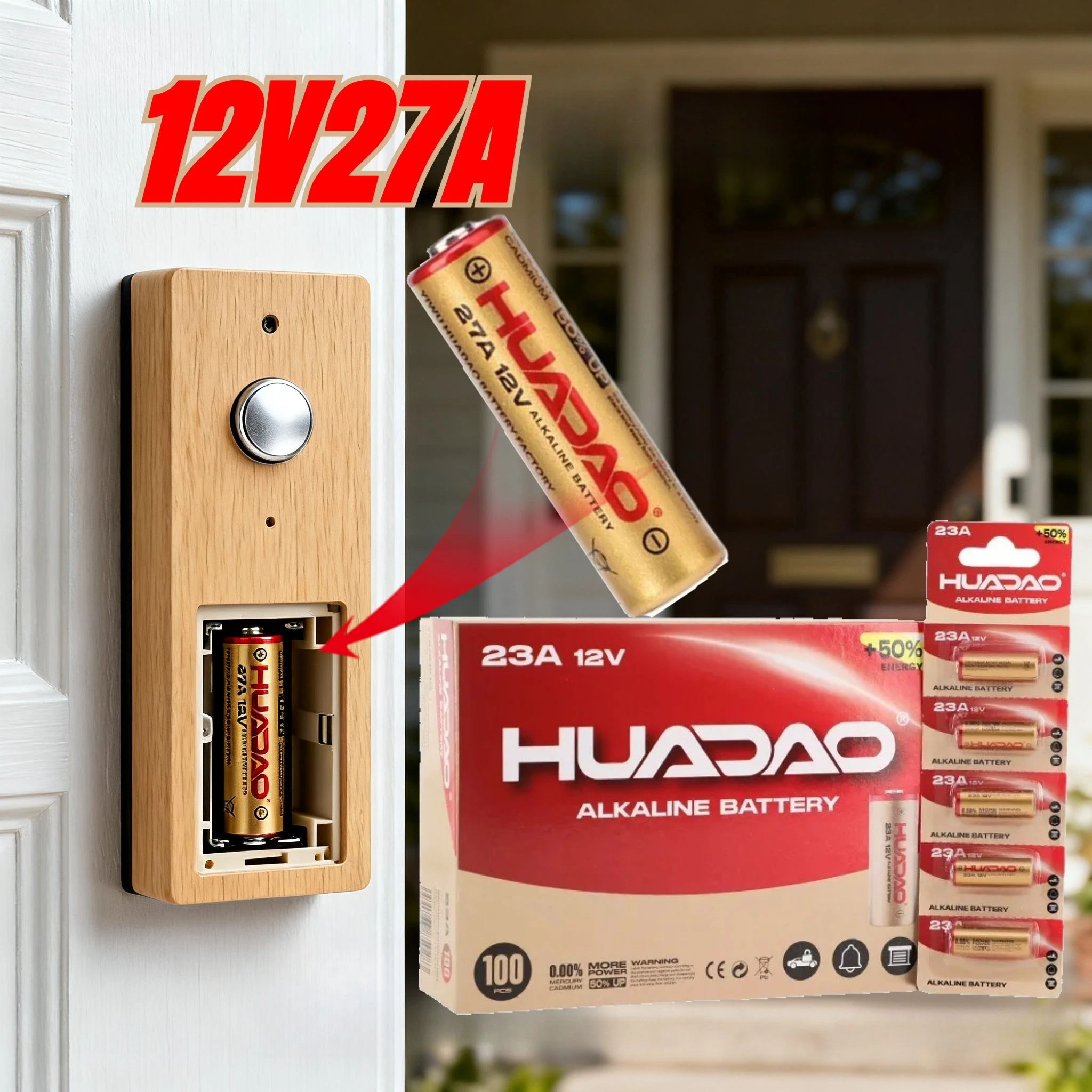 بطارية قلوية A27 27A 12V. متوافق مع موديلات A27BP/K27A/VR27/R27A. لأجراس الأبواب وأجهزة التحكم عن بعد وسيارات الألعاب والمفاتيح.