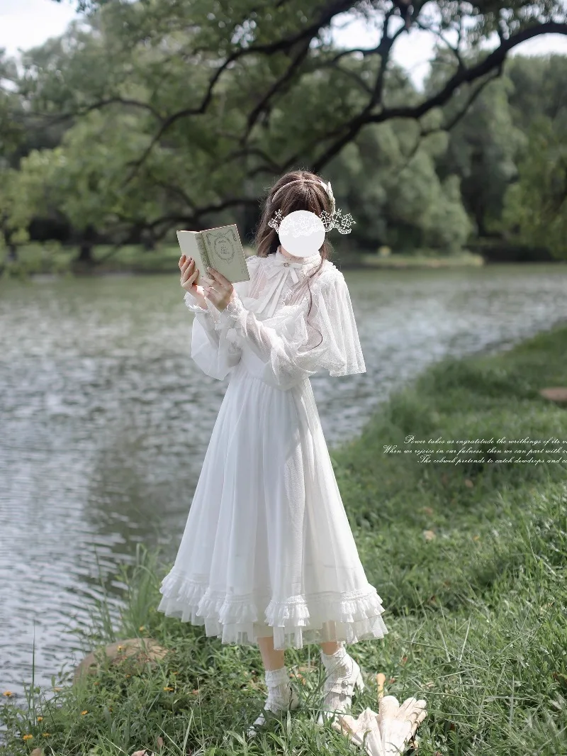 Y2k الأصلي الأبيض النقي الكلاسيكي أنيقة فستان غزل مدبب اليابانية لوليتا نمط الأبيض ضوء القمر كيب شال فساتين طويلة الأكمام