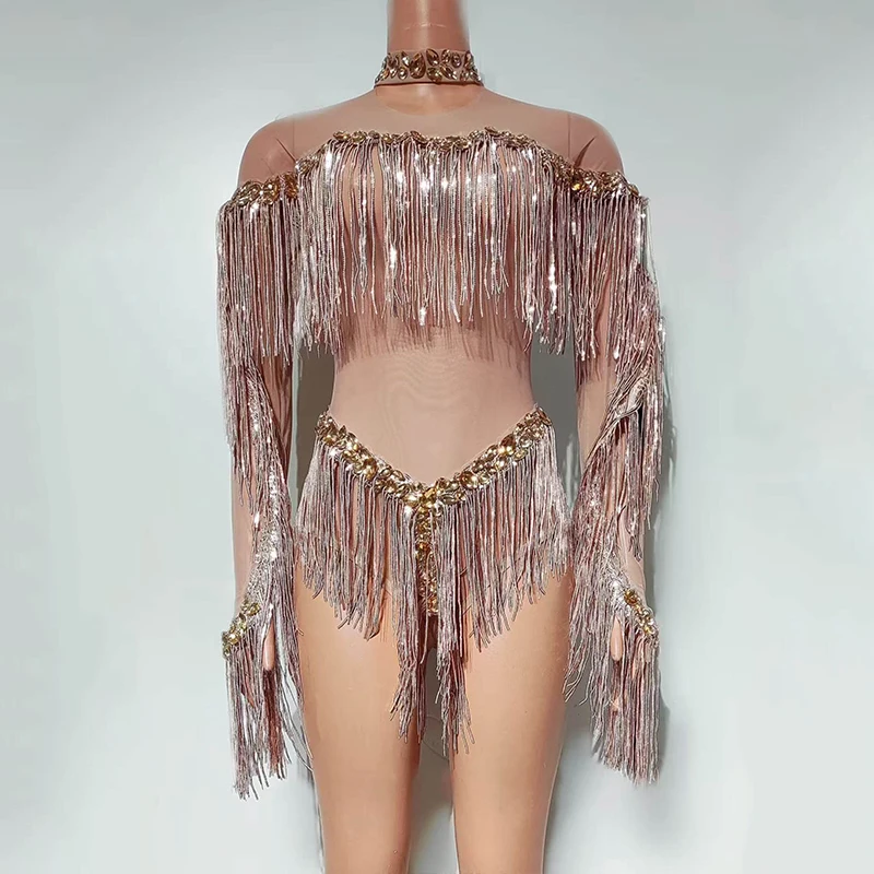 

Sexy Fringe Bodysuit Long Sleeve Rhinestone Performance Outfit Singer Model Stage Costume Gogo Nightclub Party Rave Clothes 3351