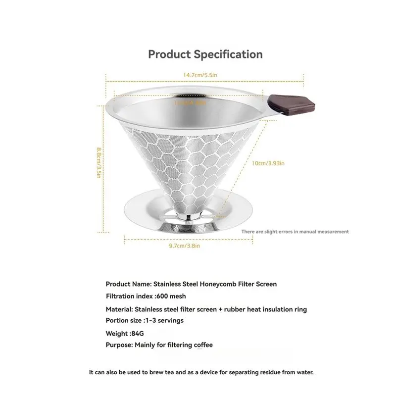 Pour Over Coffee Filter Dripper Reusable Stainless Steel Drip Coffee Maker Cone Coffee Mesh Filters For 1-4 Cup