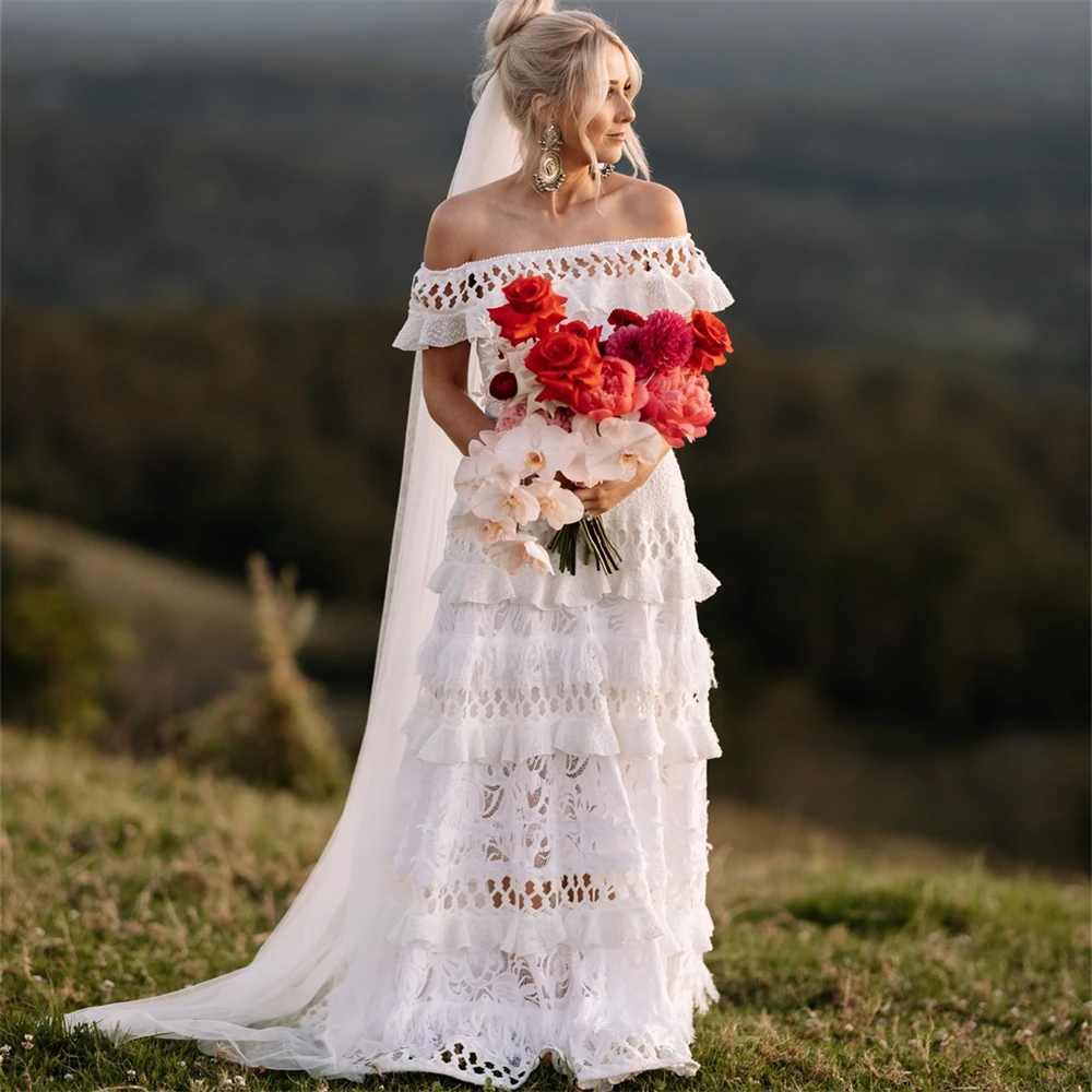 15868 #   Boho Off Shoulder Tiered A-line Cut Out Rffles Lace A-line Wedding Dress Bride Gown For Women Vestido De Novia Customzied