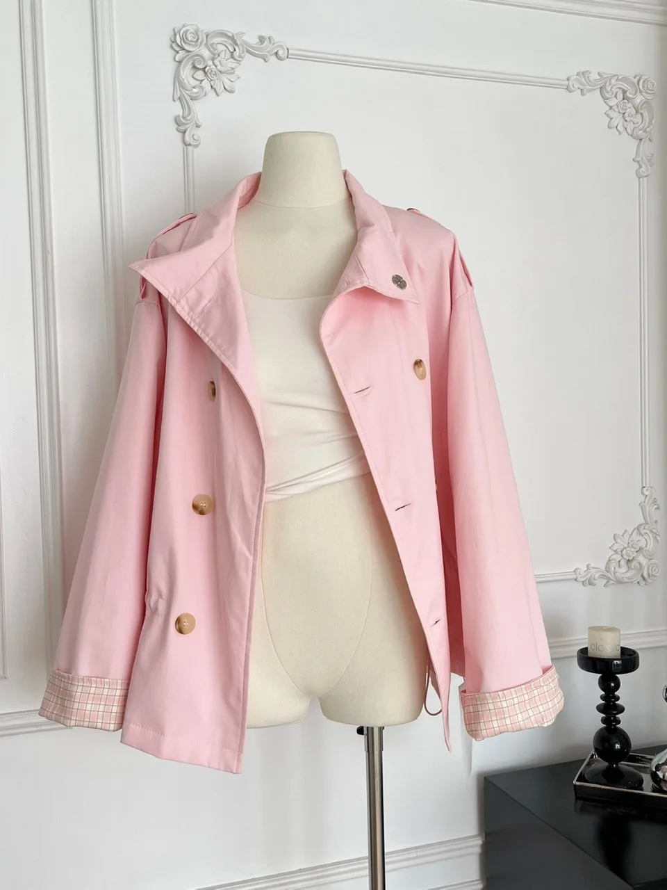 

Laid-ba Plaid Splicing Long Sve Double-breasted Coat Women's Loose Casual Top Faionable Design Polyester Fiber