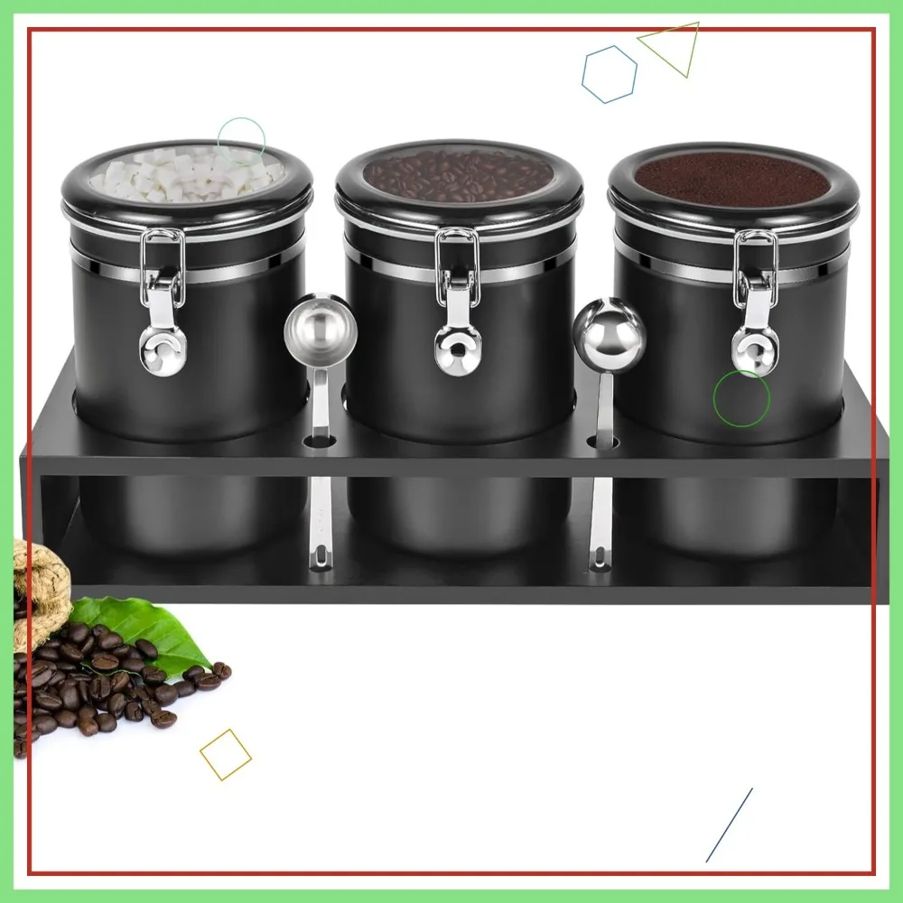

3x63OZ Stainless Steel Coffee Canisters with Wooden Shelf, Airtight Storage for Beans & Kitchen