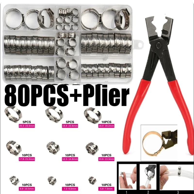 130/80/45 stücke Edelstahl Ohr Stufenlose Klemme Schneckenantrieb Kraftstoff Wasser Schlauch Rohr Klemmen Clips + 1PC Schlauch Clip Clamp Zange – Detail 2