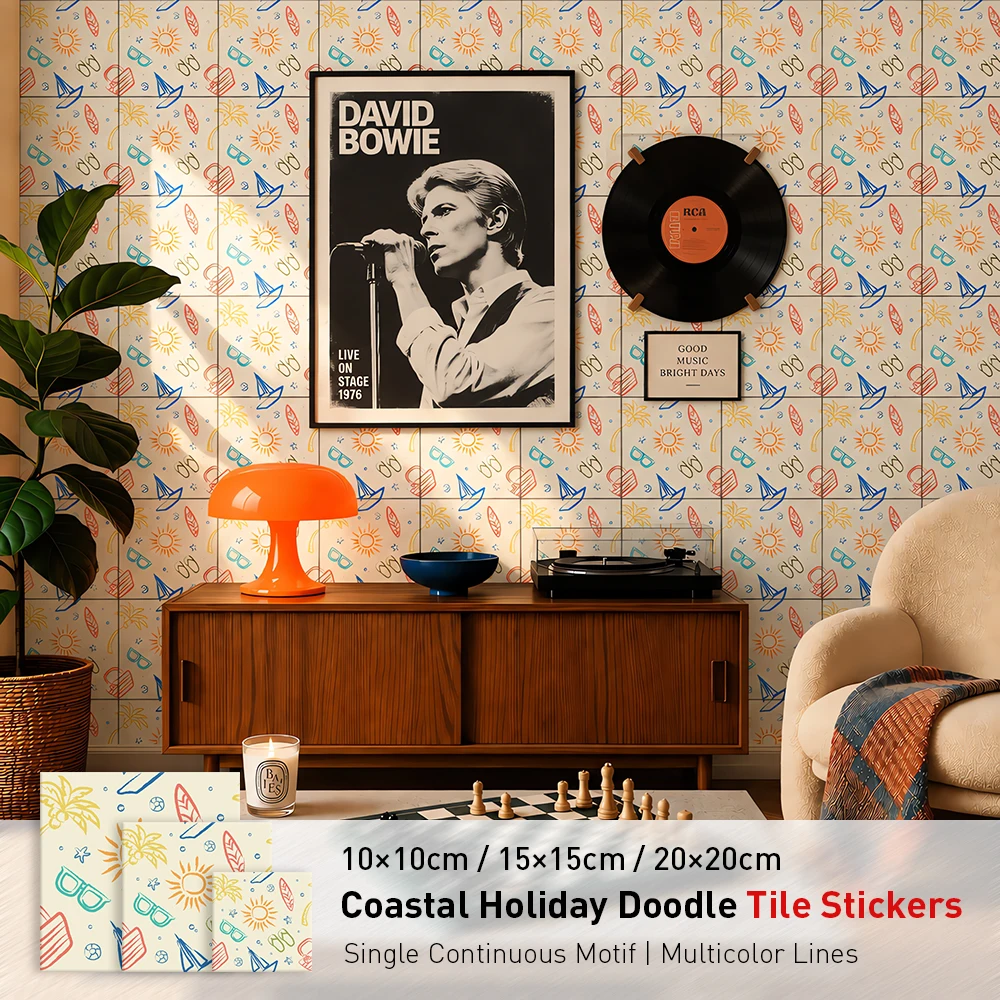 Colorful Summer Beach Tile Stickers, Palm Sun Surfboard Self Adhesive Decal,10Pcs Waterproof Peel Stick Decor for Home Refresh