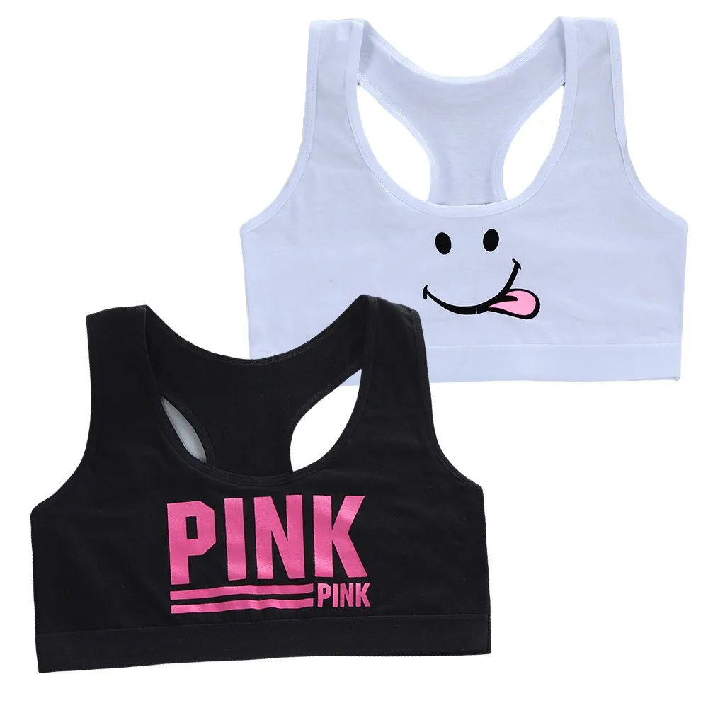 2pcs Cute Black White Tank Tops Teenage Girls Letters Print Underwears Bra For Children Developmental Stage Sports Training Bras