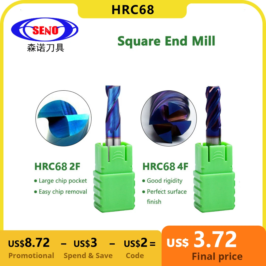 SENO HRC68 Carbide Square End Mill 2/4 Flutes Alloy High Quality Milling Tungsten Steel EndMills CNC Cutting Tools 1-20mm