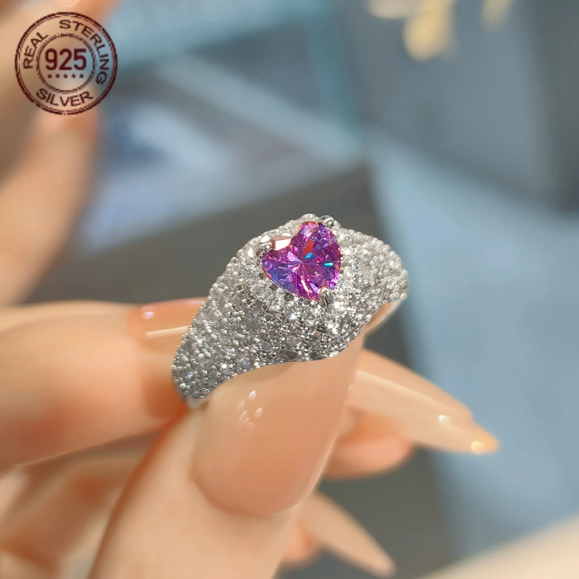 

Luxury High Carbon Crushed Zirconia 925 Sterling Silver Rings Romantic Heart Shape Gemstone Ladies Wedding Promise Ring Jewelry