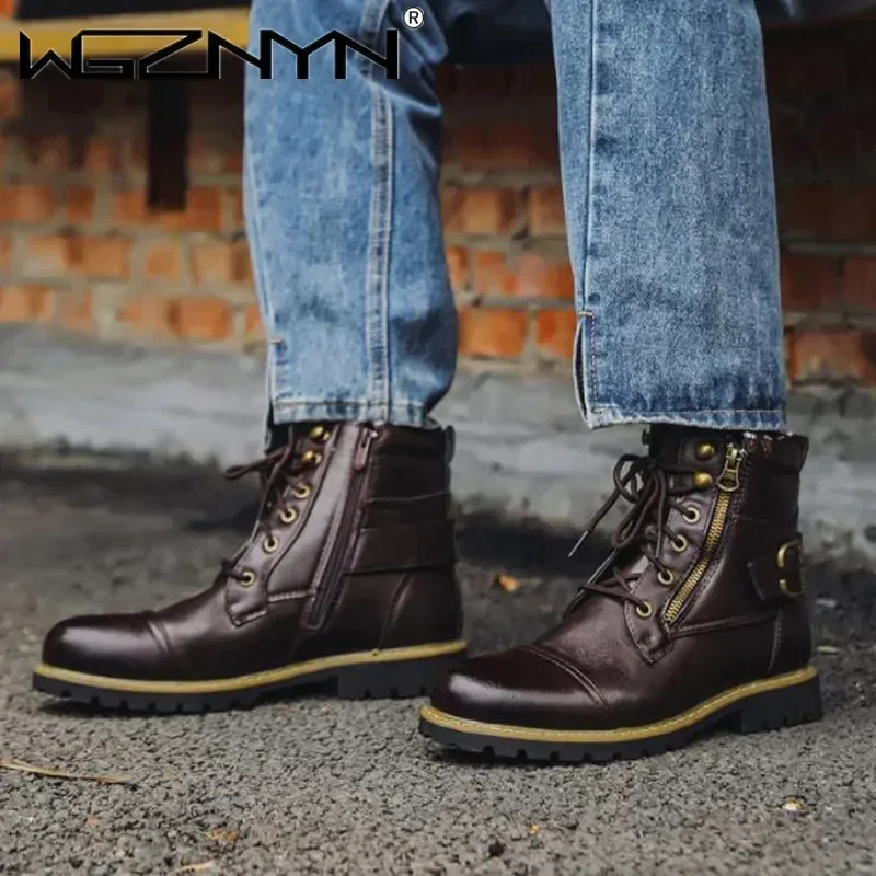 Homens botas de couro da motocicleta duplo zíper salto quadrado sapatos masculinos moda lazer design bota ciclismo 2026 outono inverno