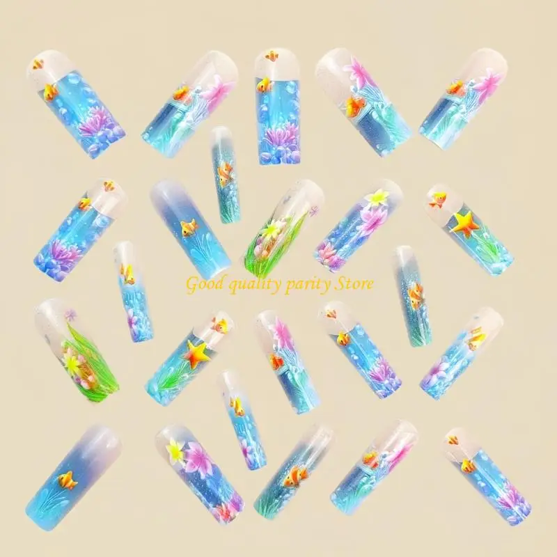 M4YA 24 Stück Langquadrat künstlicher Nagel Frosted Clownfish Französisch Glitzer Abs Party Nagel