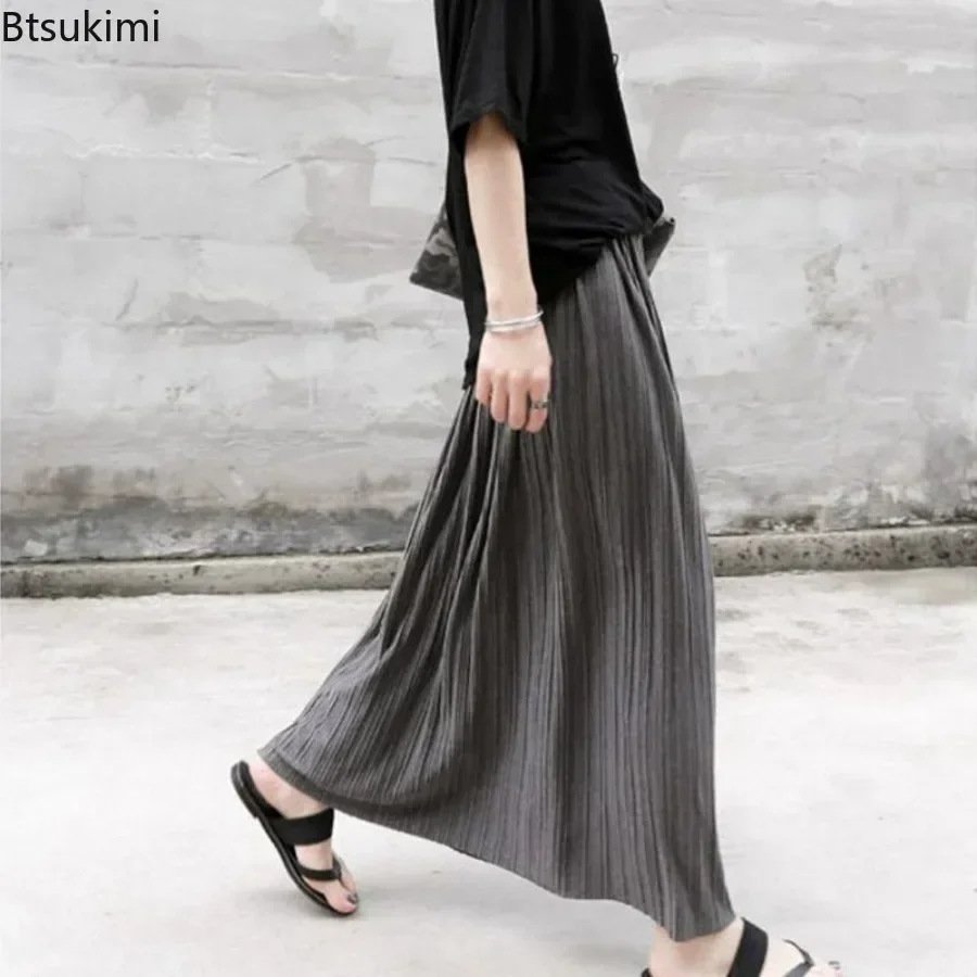 2026 Women's Casual Pleated Long Skirts Spring Autumn Vintage Modal Cotton Skirt Female Stretch Elastic Waist Solid Long Skirt