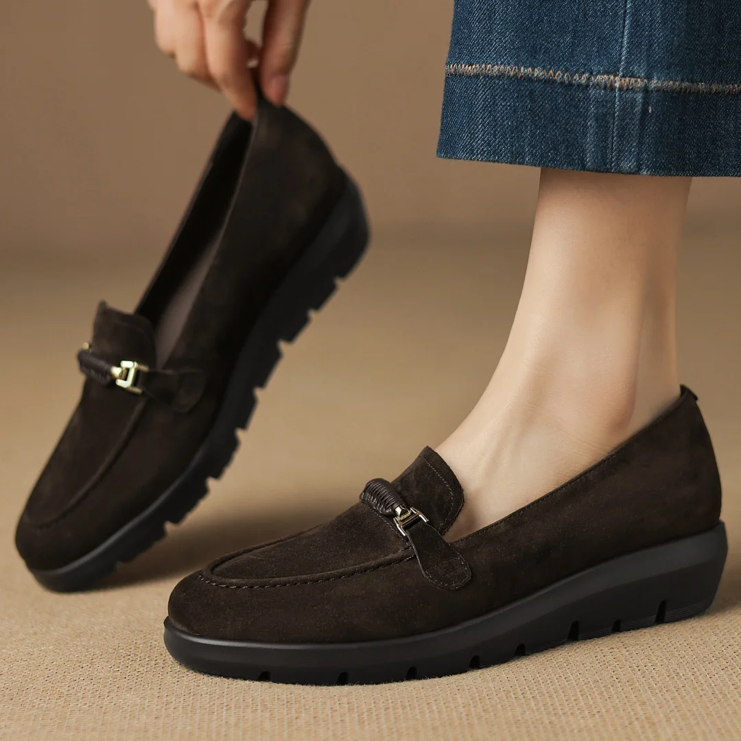 

Women's natural suede leather round toe metal buckle slip-on thick sole platform flats loafers high quality soft moccasins shoes