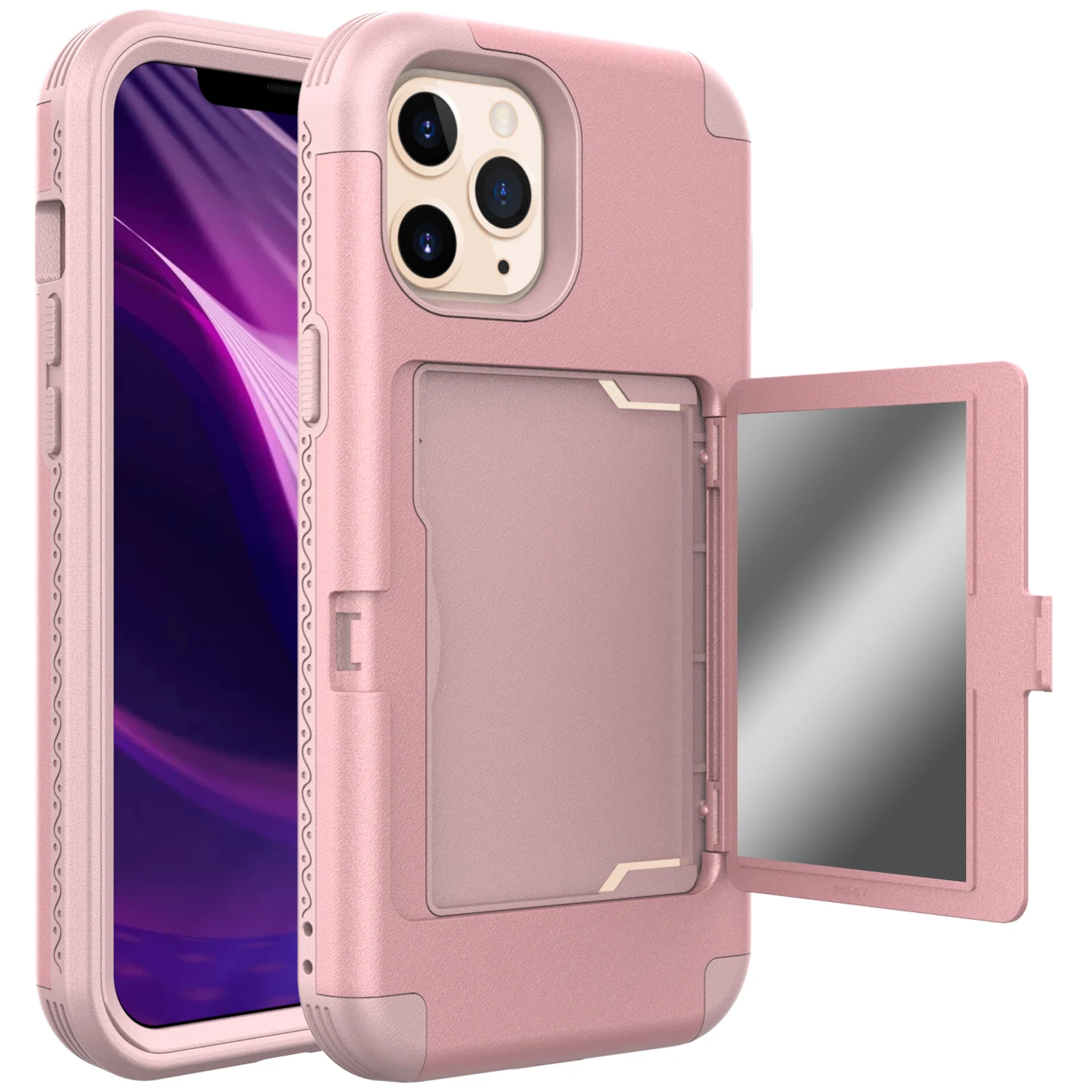 Shockproof 3in1 Hybrid Heavy Duty Kickstand Mirror Case For iPhone 15 Pro Max 14 12 11 13, Hidden Card Holder Phone Cover