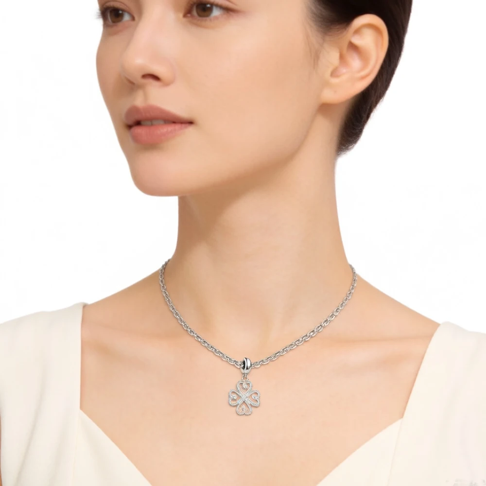 Heart Clover Lucky Dangle Charm Pendant For Women 925 Sterling Silver Trendy Brand New Gift