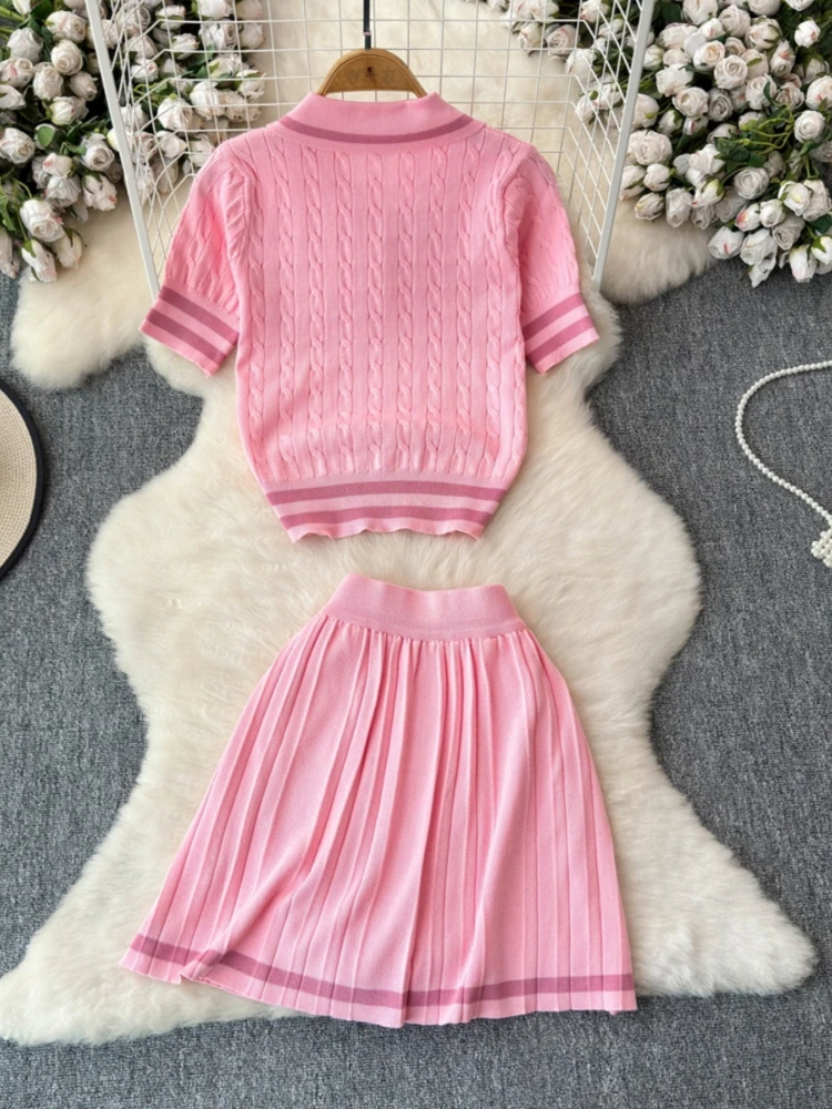 Foamlina Summer Women Fashion Striped Knitted Turn Down Collar Short Sleeve Crop Top and Elastic Waist Mini Pleated Skirt Suits