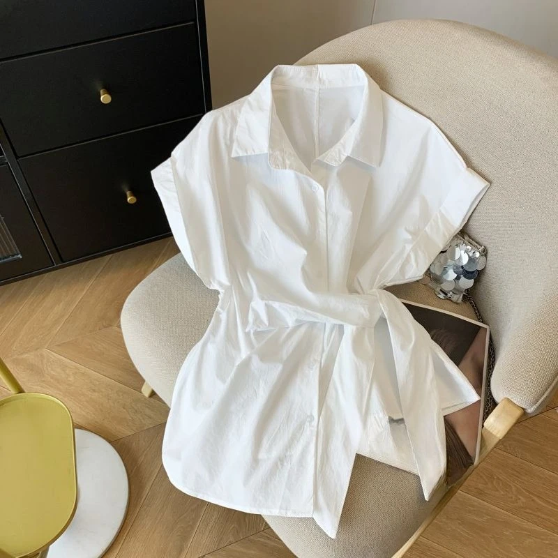 

Women Casual Loose Fit Solid Color Lace Up Button Down Blouse Shirt with Comfortable Breathable Fashion White Women's Shirt
