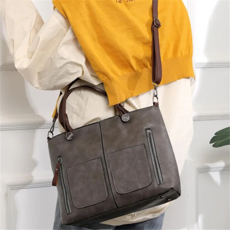 

Vintage Leather Top Handle Bags, Spacious Crossbody Bag with Multiple Zipper Pockets for Work Women Commuter Shoulder Purse