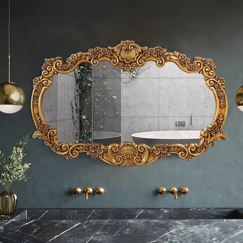 Carved European bathroom mirror household living room wall hanging porch decorative mirror luxury double