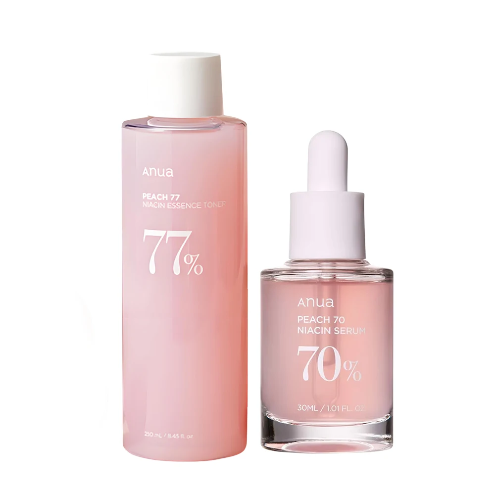 Anua Peach 77 Tónico de niacinamida + 70 set de suero, 7% de brillo y control de aceite, para pieles sensibles, cuidado de la piel coreano