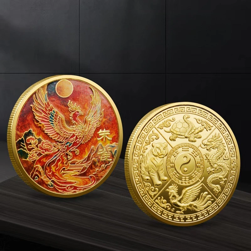1PCS Four Great Divine Beasts Commemorative Coins Souvenir Vermilion Sparrow, Green Dragon, White Tiger, Xuanwu Lucky Coin view 2