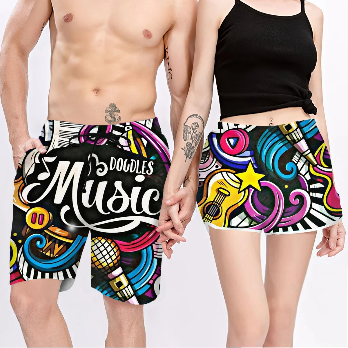 Music Doodles 3D All Over Printed Couple Matching Men's Women's Shorts Quick Drying Beach Shorts Summer Beach Swim Trunks