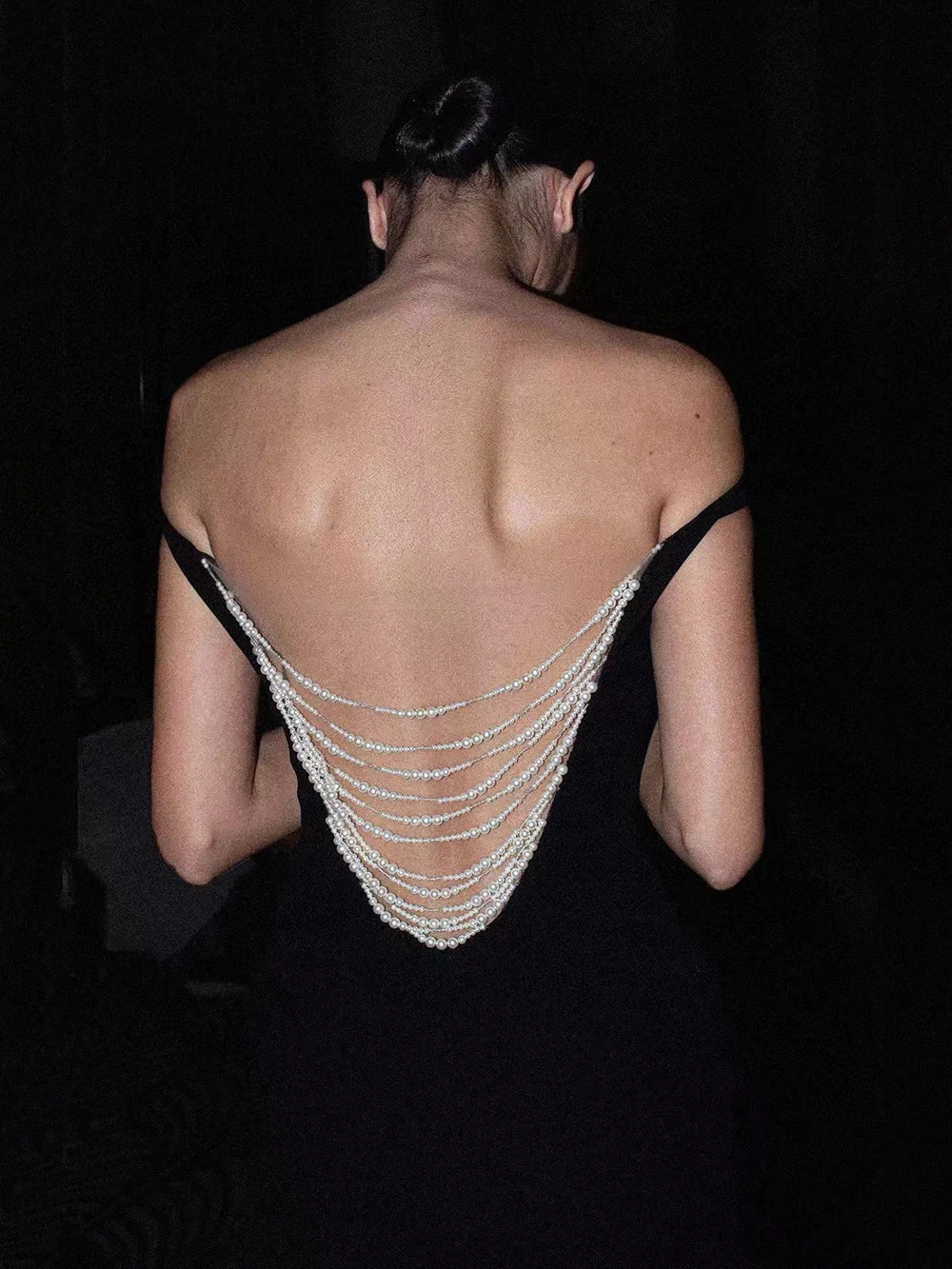 Modphy 2025 New Sexy Pearl Bead Tassel Slim Long Dress Women'S Off Shoulder Straps Bodycon Maxi Dress Elegant Evening Party Gown