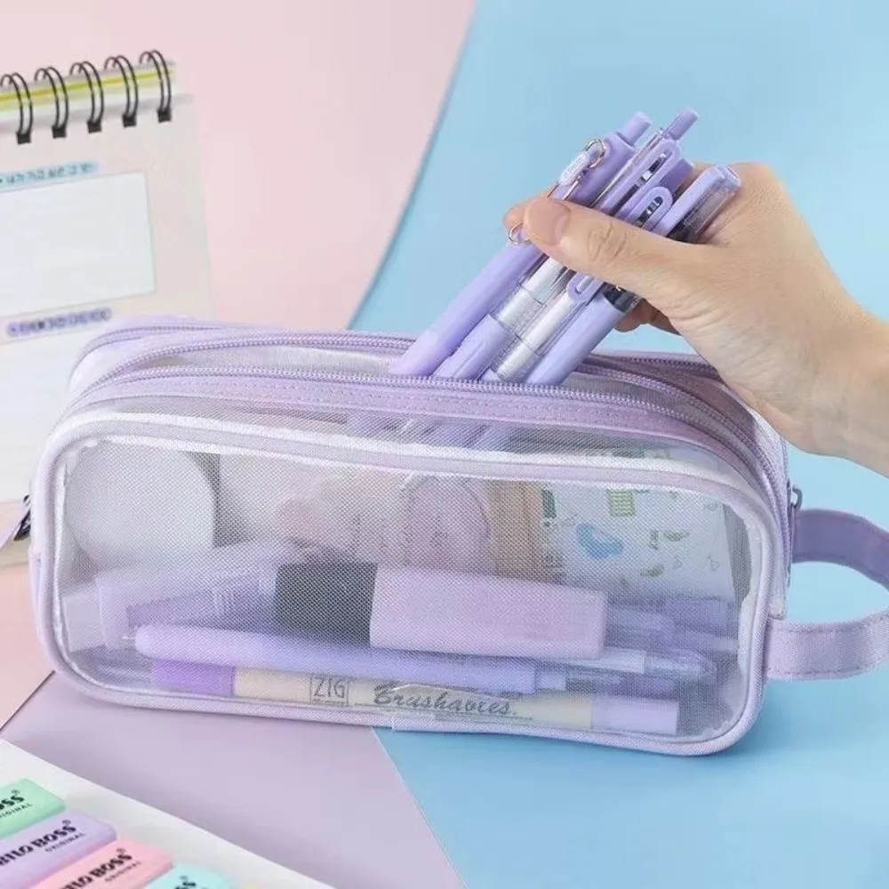 Double Layer Mesh Pencil Case Clear Transparent Portable Design Stationery Storage Box Exam Special Edition Minimalist Style