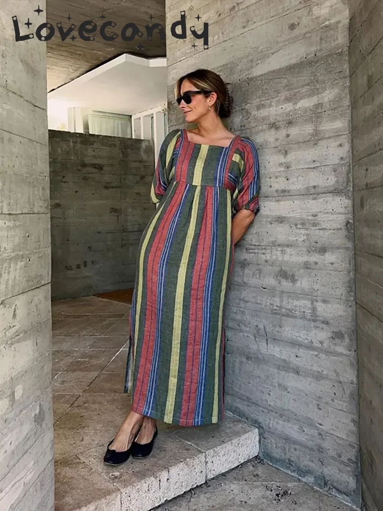 

Vintage Women Contrast Striped Cotton Linen Loose Maxi Dress Causal Square Collar Half Sleeved Dresses Summer Lady Vacation Robe