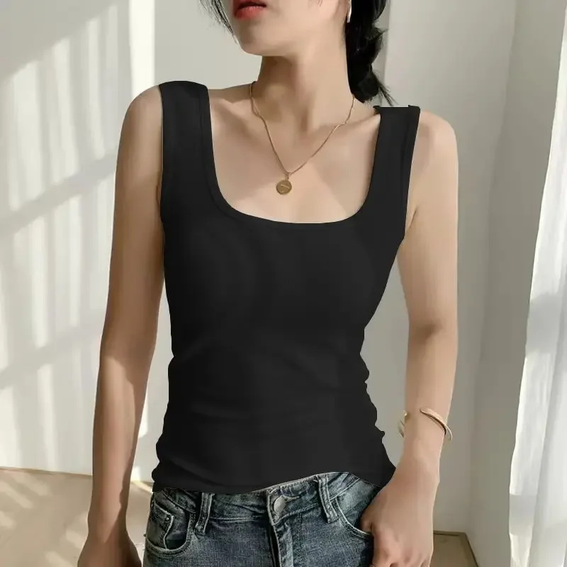 Korean Fashion Square Collar Top Women Solid Patchwork Temperament Simple Casual Inner Layer Summer Slim Sleeveless Vest