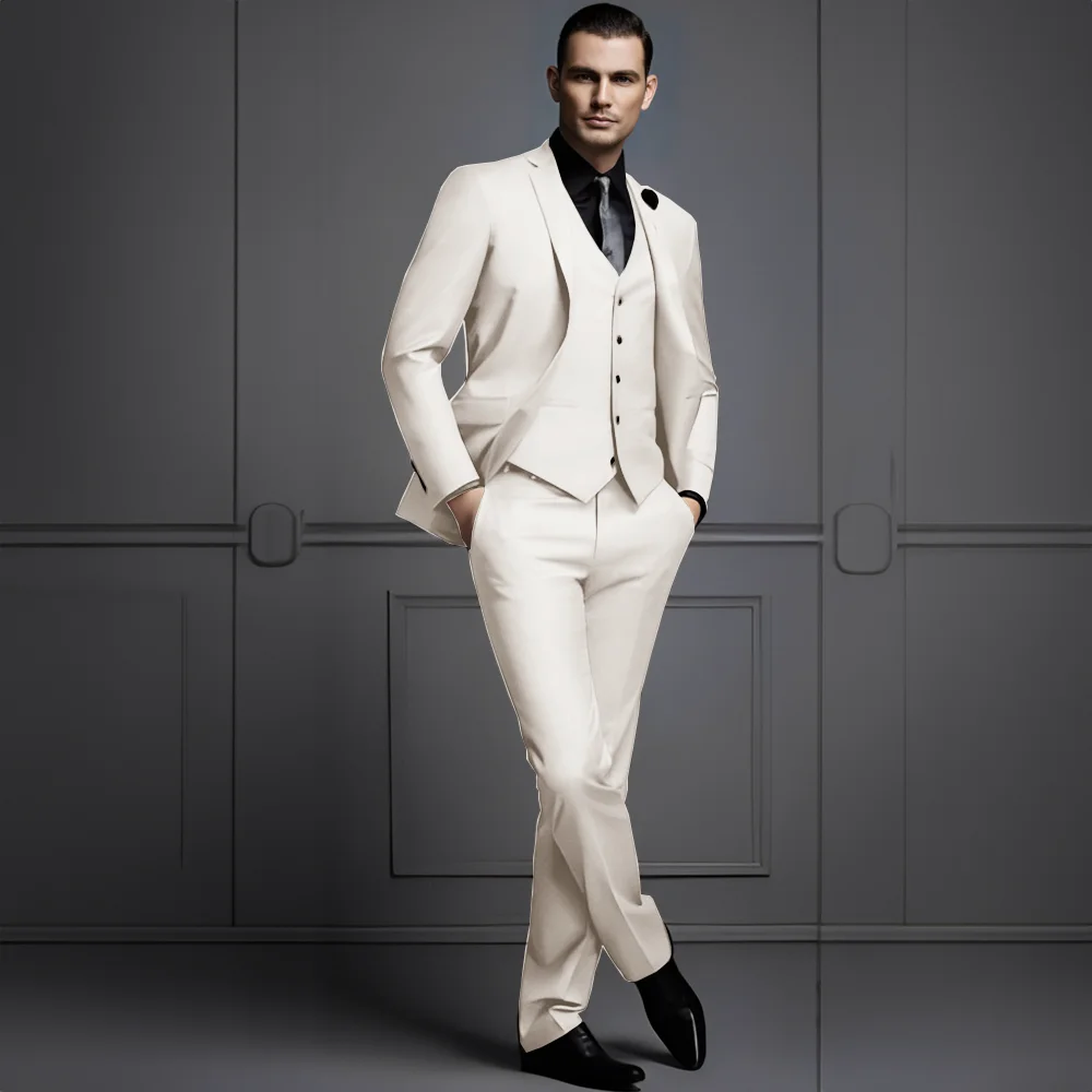 Ivory 3-piece Suit for Men Formal Groom's Wedding Tuxedo Elegant Party Dress for Men Jacket Pants and Vest