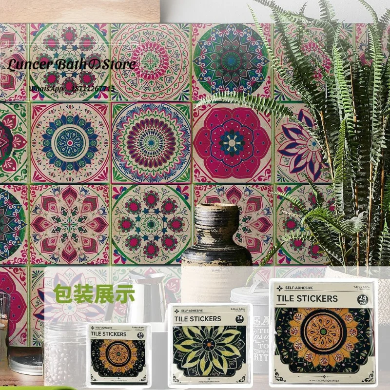 24 pieces european style mandala pvc wallpaper self-adhesive home decoration kitchen living room wall sticker waterproof