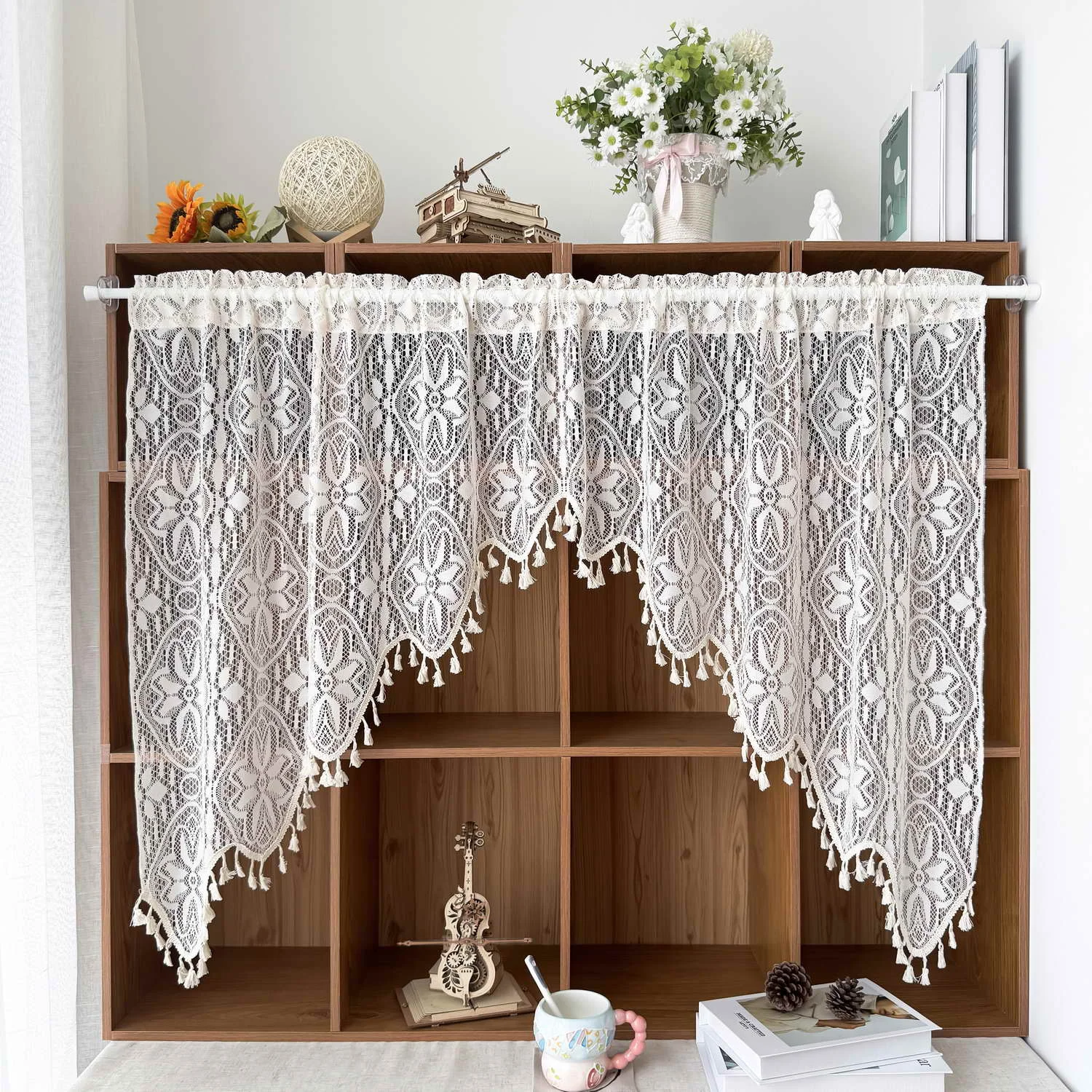 

1Pc,Chic French Retro Romantic Lace Curtain with Tassels Geometric Embroidery, Rod Pocket Design for Living Room & Bedroom Decor