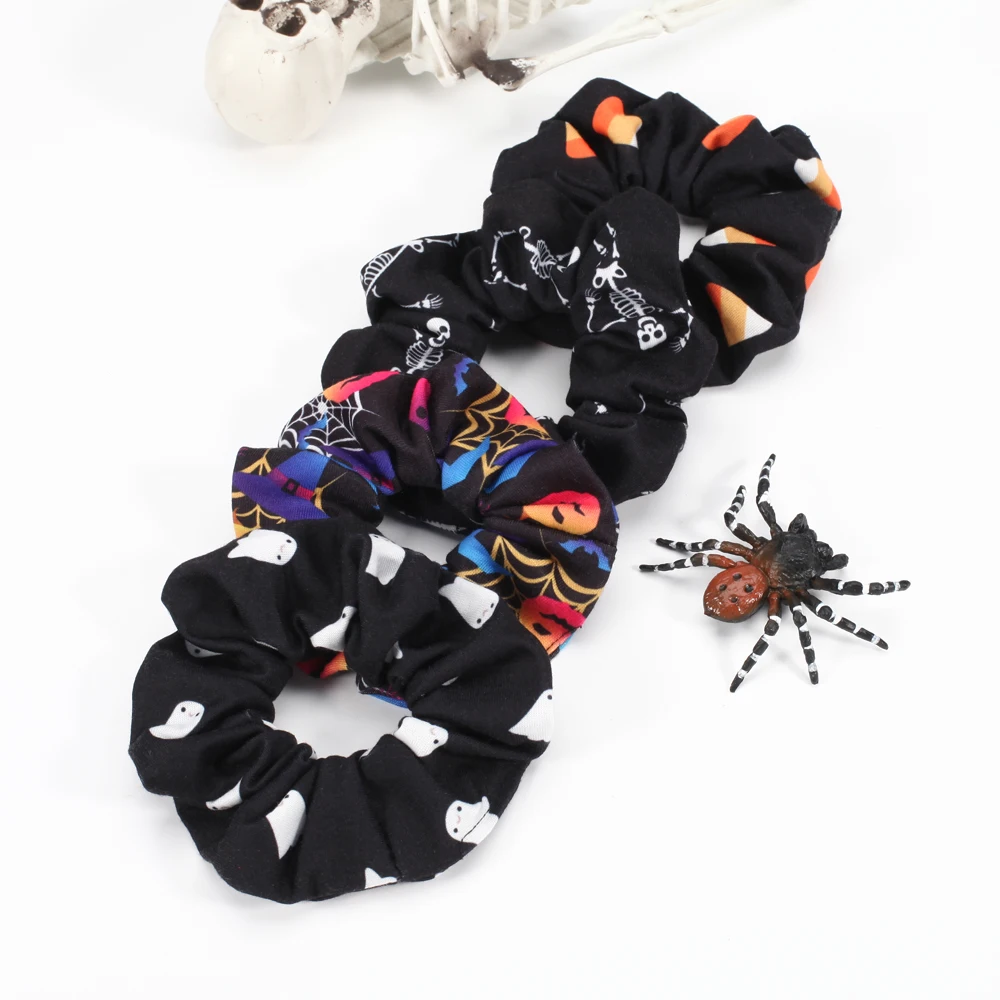 ID:1005005578254225 Ghost Skull, Pumpkin, Spider Web, Bat Pattern Halloween Hair Scrunchies Hair Ties Band