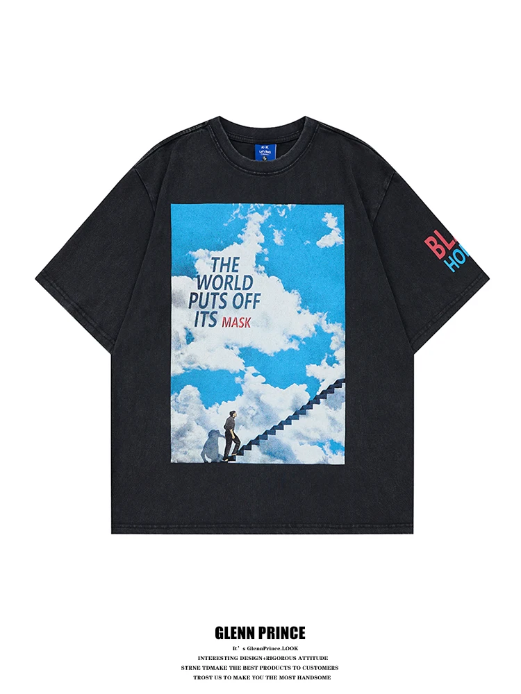 

GPstudio American Vintage Limited Edition T-shirt Men's Fashion Short Sleeve Printed High Street Washed Loose Fit Cotton Tee