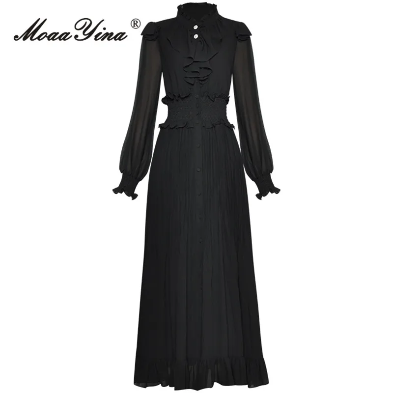 MoaaYina Autumn Fashion Runway Black Vintage Party Dress Women Lantern Sleeve Ruffles Button High Elastic Waist Slim Long Dress