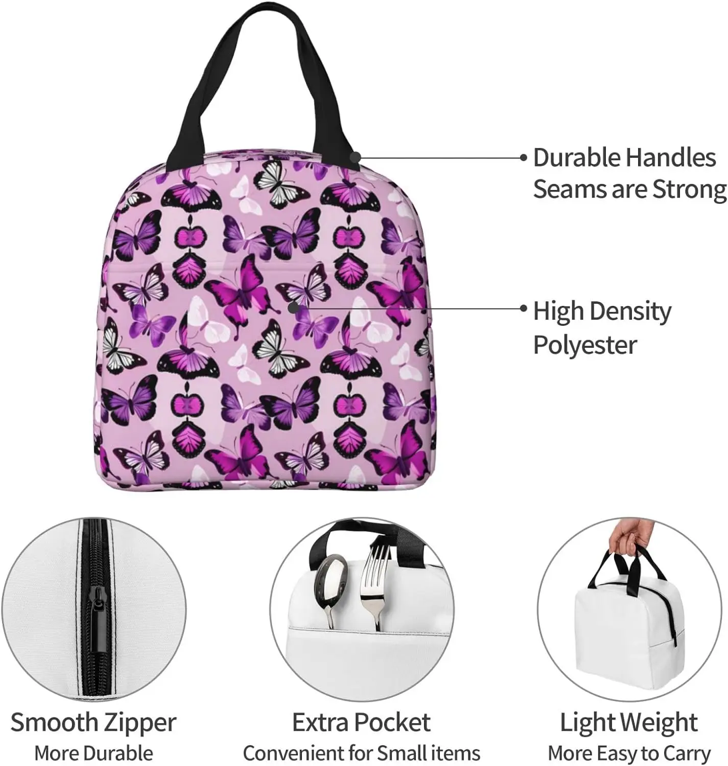 Beautiful Insect Purple Butterfly Insulated Lunch Bag Thermal Freezable lunch Tote Waterproof Bento Lu nch Box Women Men Lunc h