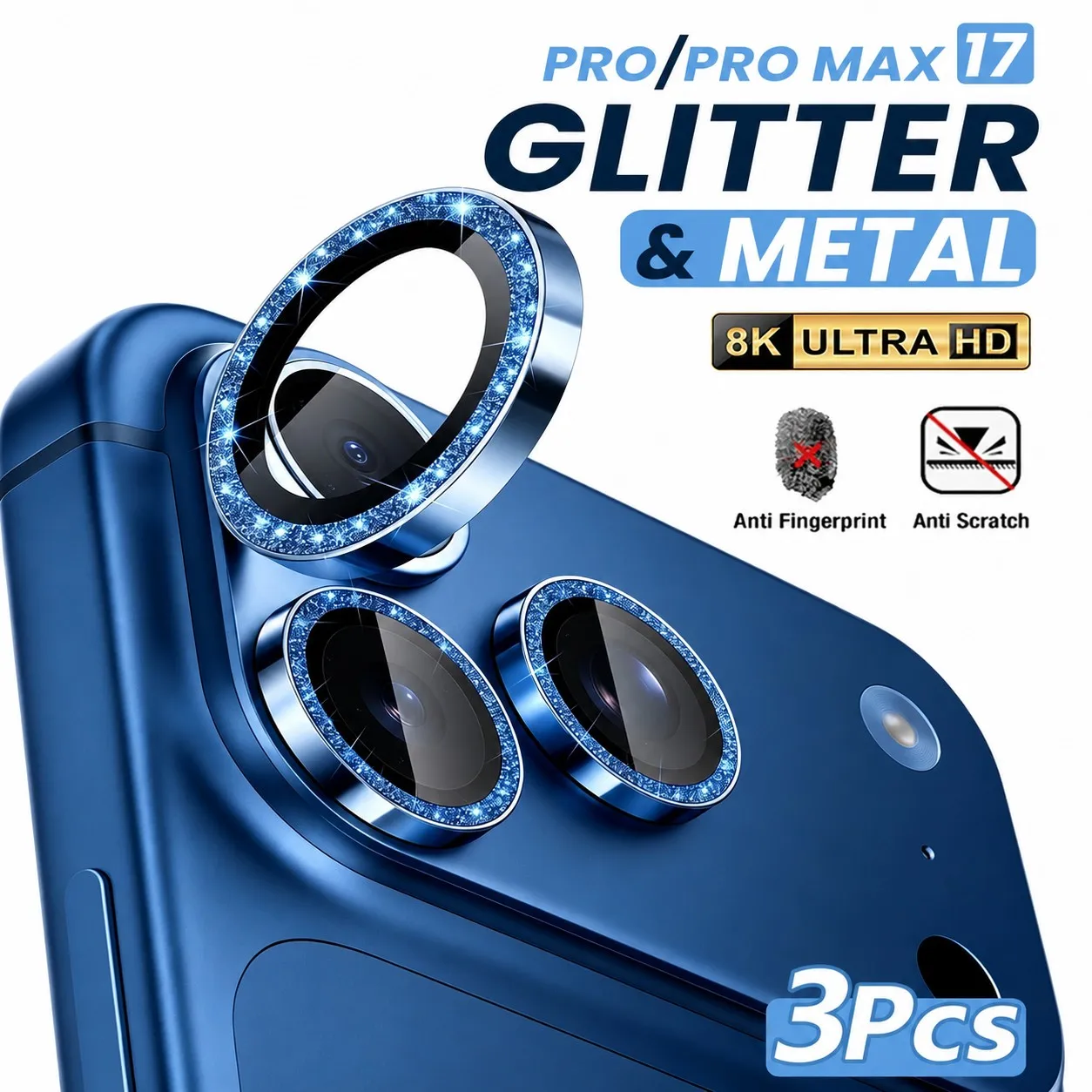 2-Piece blue glitter eagle-eye camera lens cover, suitable for iPhone 18 Pro/18Pro Max/17Pro Max/16Pro Max/15Pro Max/14Pro
