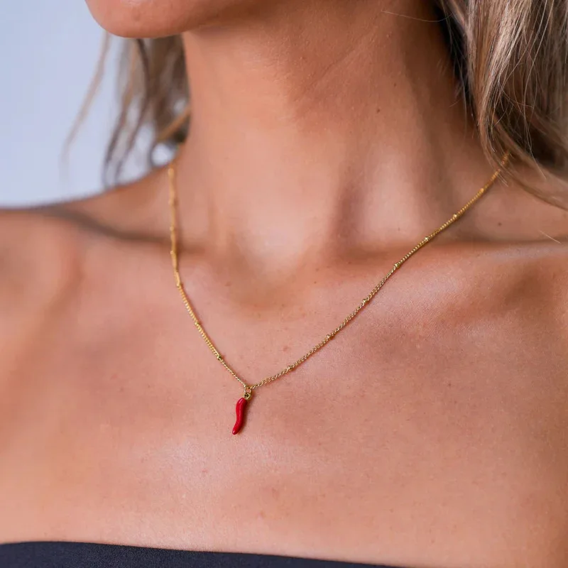 Collar minimalista con colgante de pimiento, collar con dije de chile rojo, joyería de moda para mujer, collar de acero inoxidable