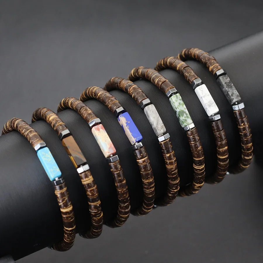 New Natural Coconut Husk Bracelet For Men Premium Tiger Eyes Black Flash Gemstone Stretch Beaded Braclet Yoga Wooden Braslet