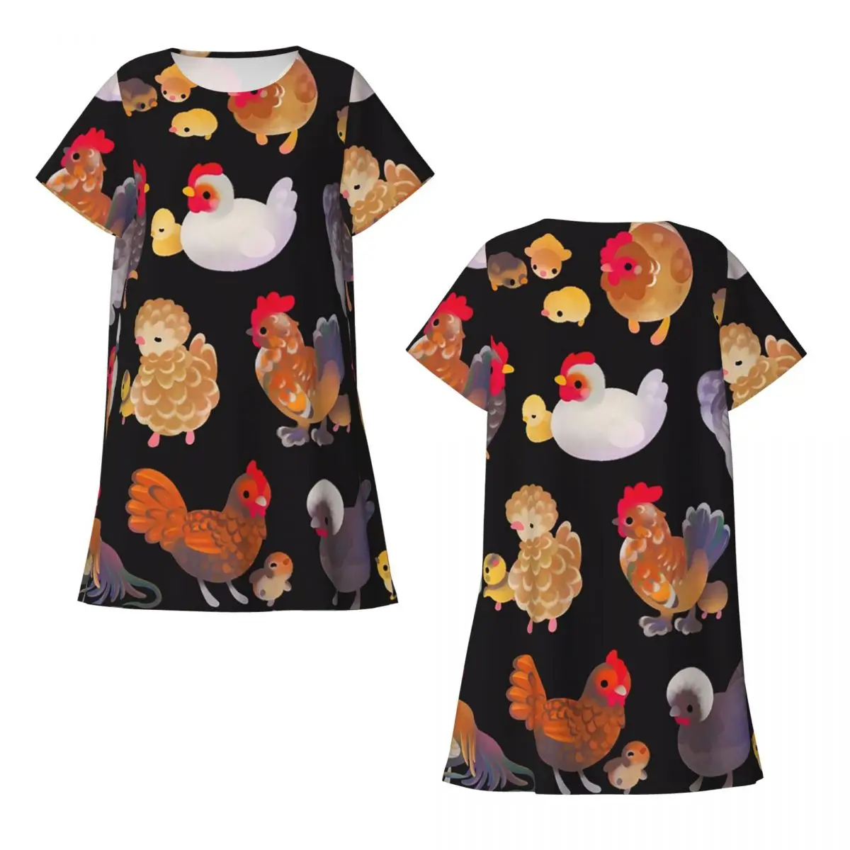 Custom Chicken And Chick - Dark Short Sleeves Nightdress For Sleepshirts Women Short Sleeve Nightgowns Soft Pajama Dress