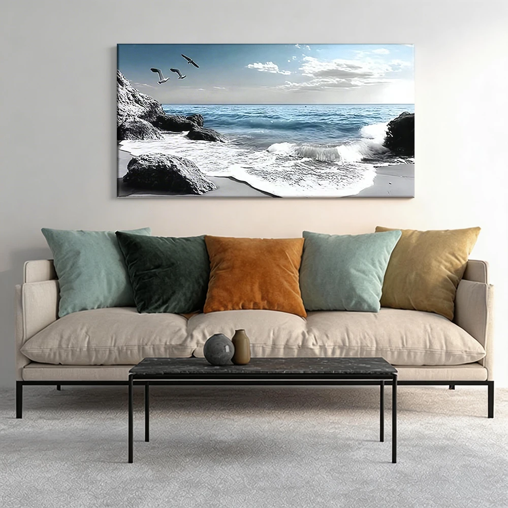 

1pcwooden frame canvas decorative painting Seagulls, beach, waves crashing, rocks.Corridor, Living Room Decoration