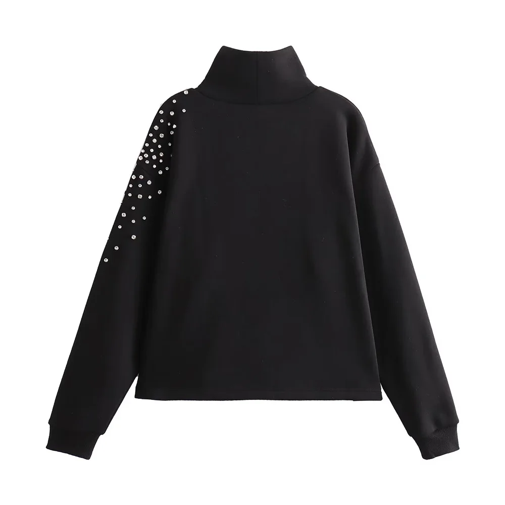 ZATT 2024 Autumn New Collection Fashionable Loose Black High Collar One Shoulder Side Jewel Design Women Hoodless Sweatshirt