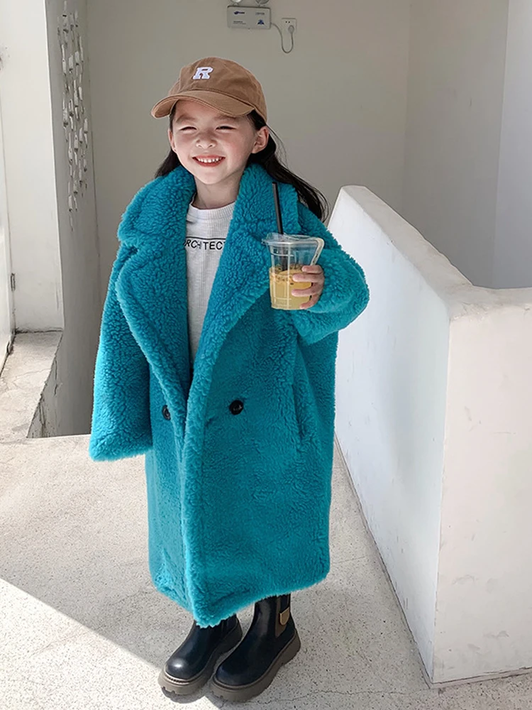 معطف الشتاء الفتيات الفتيان 2023 فروي مقنعين دمية دب الأبيض الوردي فو الفراء سترة طويلة الأكمام الاطفال الصوف سترة XMP614 #4