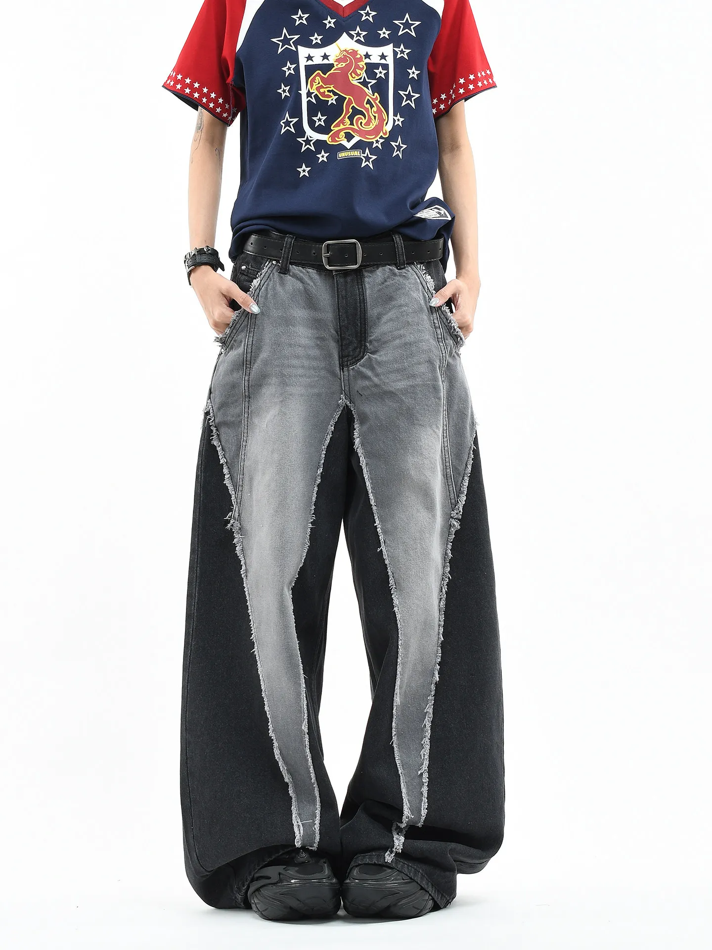 Y2K Wasteland Washed Jeans for Women Original Color Block Patchwork Baggy Wide Leg Street Fashion Trousers
