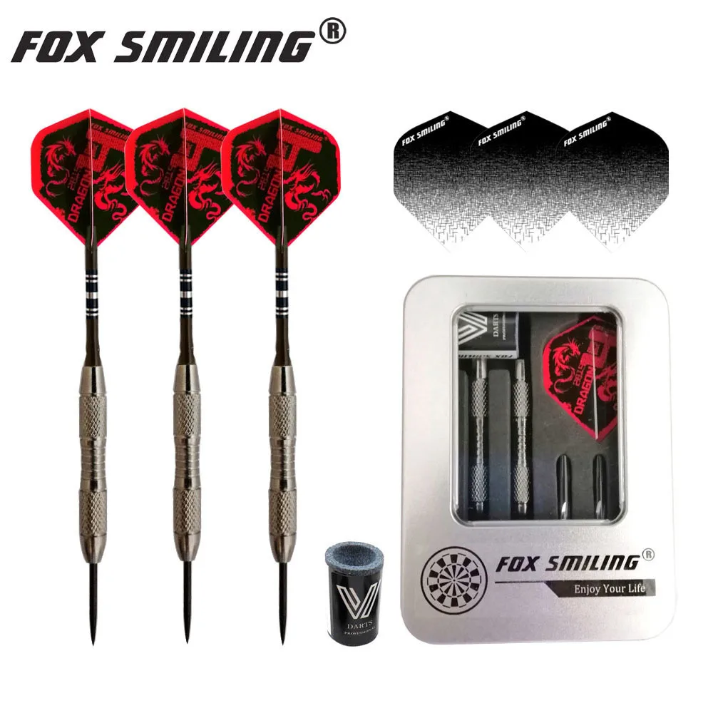 3PCS 20g Fox Smiling Steel Darts With Aluminum Darts Shafts And Iron Box With Sharpener