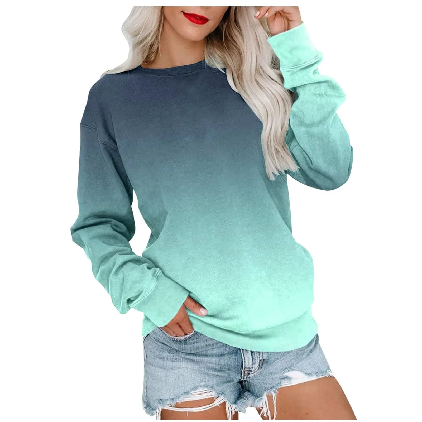 Women Sweatshirt Y2k Vintage Fashion Long Sleeve O-Neck Pullover Tops Korean Style Gradient Hippie Streetwear Hoodie Clothes